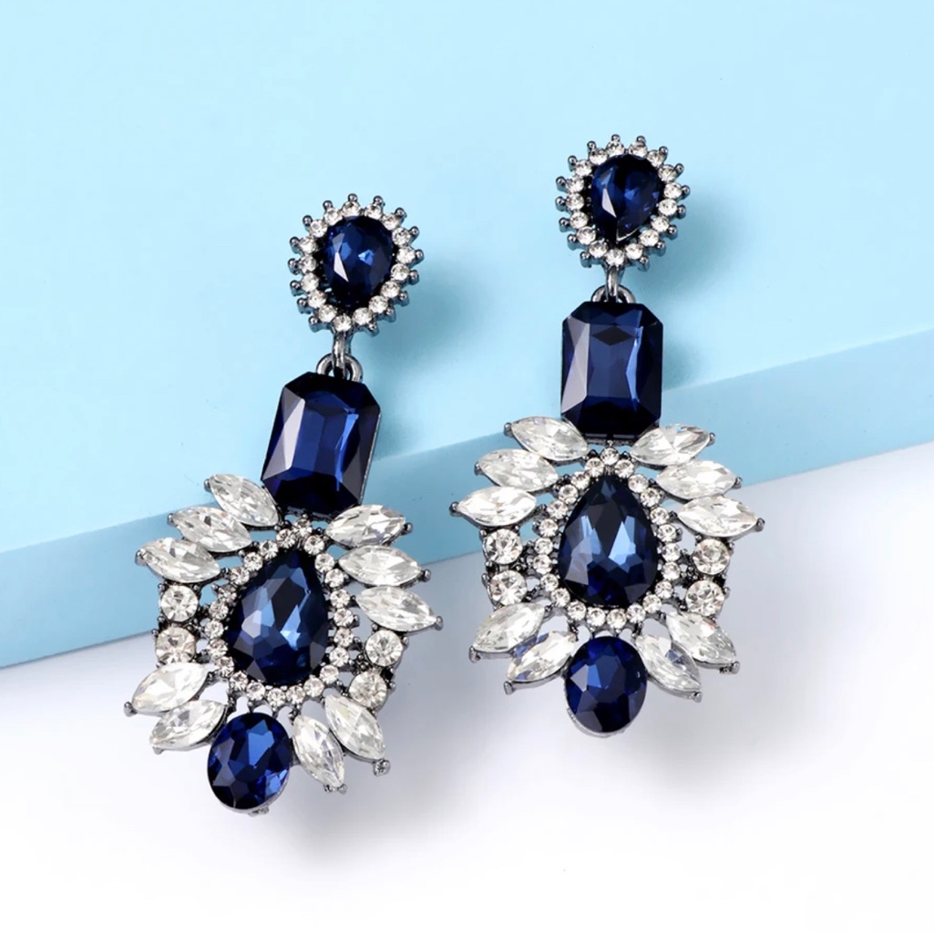 Blue And White Crystal Dangle Earrings